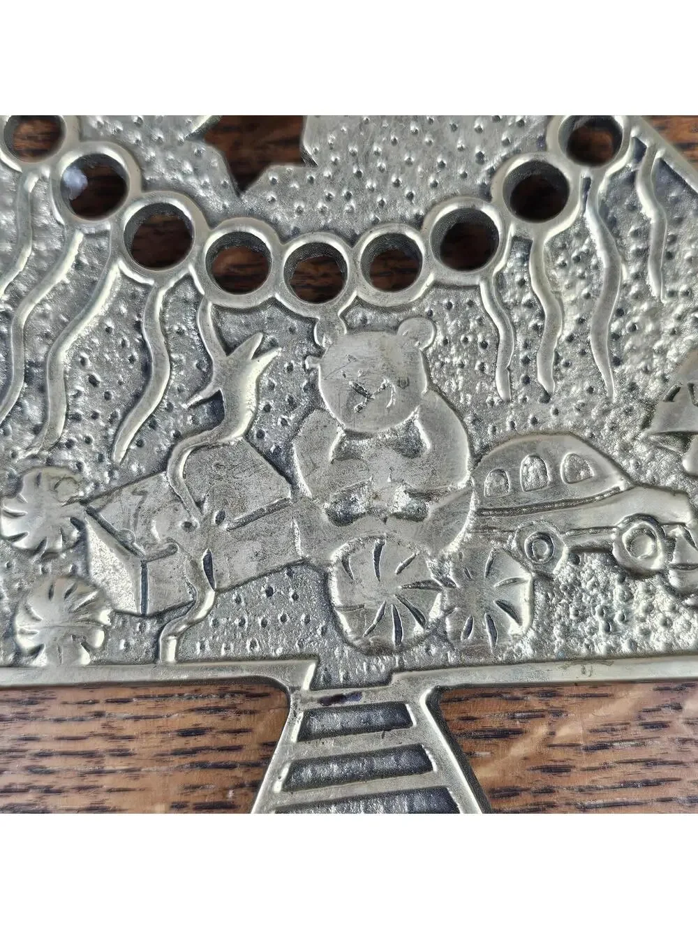 Vintage Solid Brass Christmas Tree Trivet | Teddy Bear Toy Car Kitchen Decor